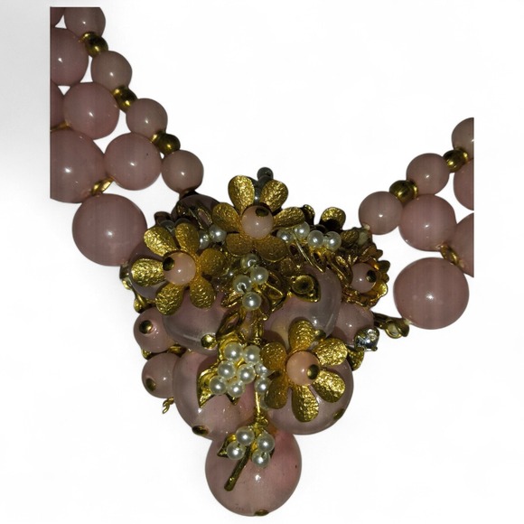 Vintage Pink Beaded Necklace Floral Cluster Gold Tone Haskell Style Hand Wired - Picture 3 of 10